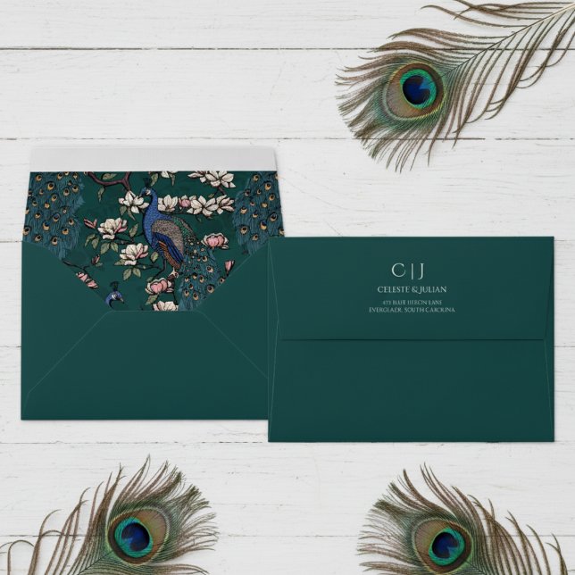 Elegant Teal Monogrammed Peacock Return Address Envelope (Elegant Dark Teal Envelopes with Pretty Peacock & Magnolia Flower Pattern. Chic Modern Chinoiserie.)
