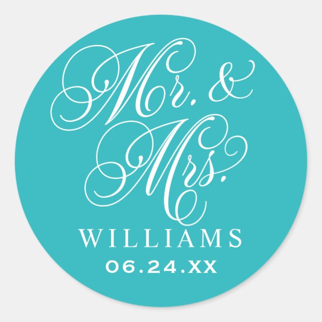 Elegant Teal Mr and Mrs Script Custom Monogram Classic Round Sticker (Front)