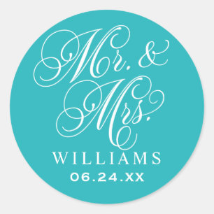 Elegant Teal Mr and Mrs Script Monogram Classic Round Sticker
