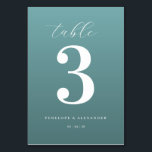 Elegant Teal Number Three Table Number<br><div class="desc">This elegant wedding table card features a minimalist design with a calming teal background and crisp white text. The focal point is the large, bold numeral "3" centered on the card, surrounded by an assortment of fonts that add visual interest without cluttering the layout. Customizable placeholders for names and dates...</div>