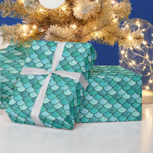 Elegant Teal Ombre Glitter Mermaid Scales Wrapping Paper