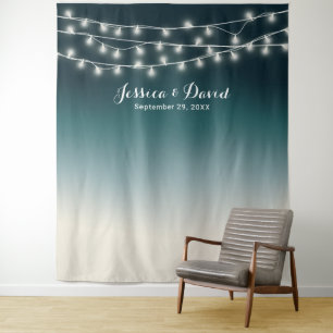 Elegant Teal Ombre String Lights Wedding Backdrops Tapestry