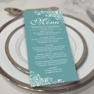 Elegant Teal or Dark Aqua & White Curls Wedding Menu
