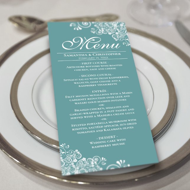 Elegant Teal or Dark Aqua & White Curls Wedding Menu (On Plate)