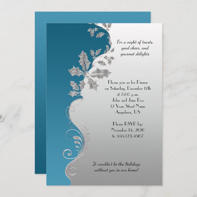Elegant Teal Ornate Silver Holly Christmas Party Invitation (Front/Back)