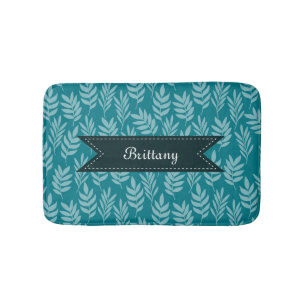 Elegant Teal Pattern With Aqua Leaves Add Her Name Bath Mat