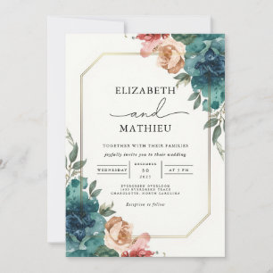 Elegant Teal & Peach Floral Wedding Suite Invitation
