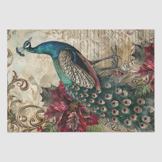 Elegant Teal Peacock Christmas Decoupage Tissue Paper (Front)