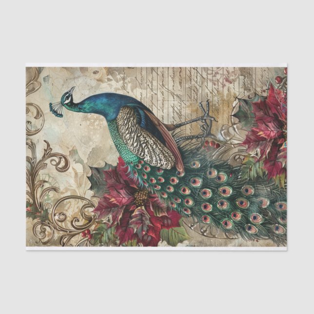 Elegant Teal Peacock Christmas Decoupage Tissue Paper (Front)