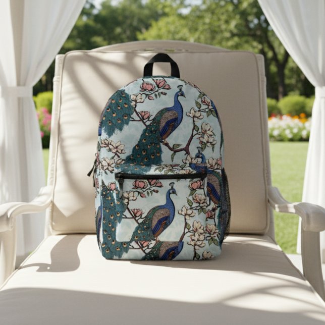 Elegant Teal Peacocks and Magnolia Flowers Floral Printed Backpack (Chic Blue & Teal Peacock in Magnolia Tree with Flowers on Light Blue. Elegant Floral Pattern for Her)