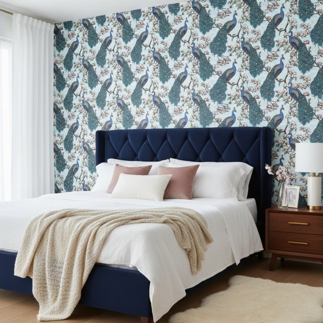 Elegant Teal Peacocks and Magnolia Flowers Floral Wallpaper (Contemporary Floral Peacock Pattern Wallpaper in Light Blue. Teal Peacock Birds & Magnolia Flowers)