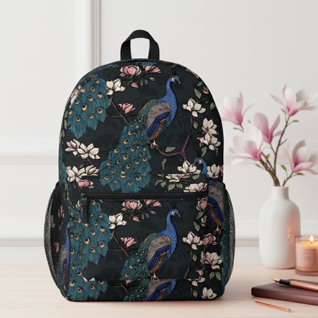 Elegant Teal Peacocks & Magnolia Flowers Black Printed Backpack (Elegant Blue & Teal Peacock in Magnolia Tree with Flowers on a Black Background. Chic Floral Pattern)