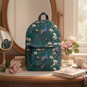 Elegant Teal Peacocks & Magnolia Flowers Green Printed Backpack