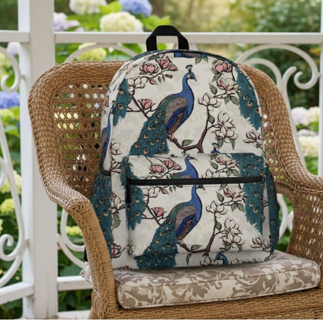 Elegant Teal Peacocks & Magnolia Flowers Ivory Printed Backpack (Chic Blue & Teal Peacock in Magnolia Tree with Flowers on Ivory. Elegant Floral Pattern for Her)