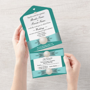 Elegant Teal Pearl Ribbon Wedding & RSVP All In One Invitation