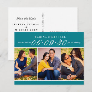Elegant Teal Photo Collage Wedding Save the Date Announcement Postcard