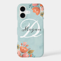 Elegant Teal Pink Floral Monogram
