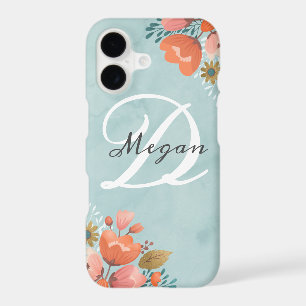 Elegant Teal Pink Floral Monogram