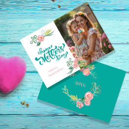 Elegant Teal & Pink Floral Mother’s Day with Photo Holiday Card
