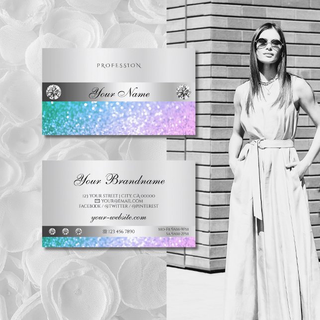 Elegant Teal Pink Glitter Diamonds Luminous Silver Business Card (Creator Uploaded)