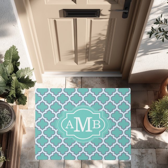 Elegant Teal Quatrefoil Pattern Custom Monogram Doormat (Creator Uploaded)