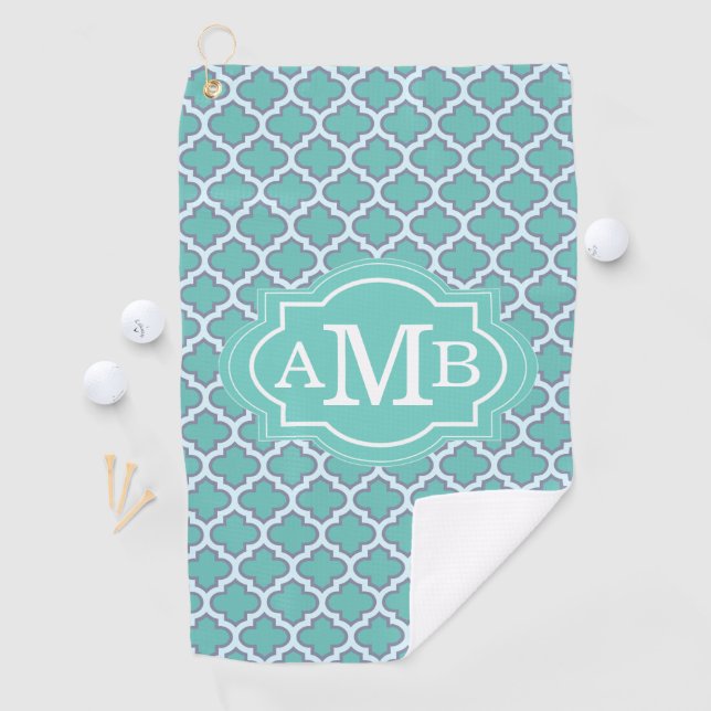 Elegant Teal Quatrefoil Pattern Custom Monogram Golf Towel (InSitu)