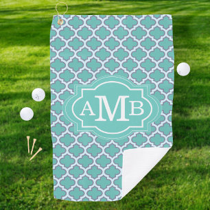 Elegant Teal Quatrefoil Pattern Custom Monogram Golf Towel