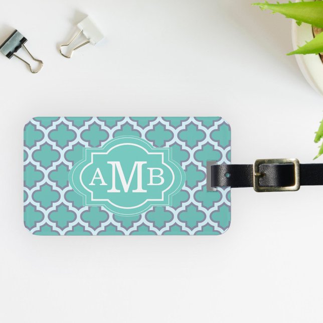 Elegant Teal Quatrefoil Pattern Custom Monogram Luggage Tag (Creator Uploaded)