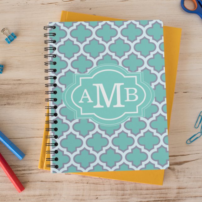 Elegant Teal Quatrefoil Pattern Custom Monogram Spiral Notebook (Creator Uploaded)