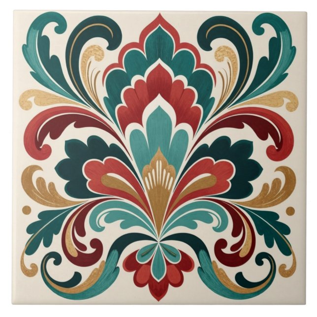 Elegant Teal–Red Ornamental Bloom Tile (Front)