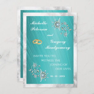 Elegant Teal Rhinestone & Marble Wedding Invitation