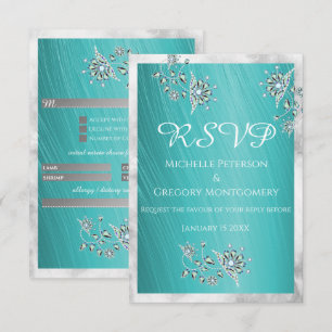 Elegant Teal Rhinetsone Jewel with Marble Border RSVP Card