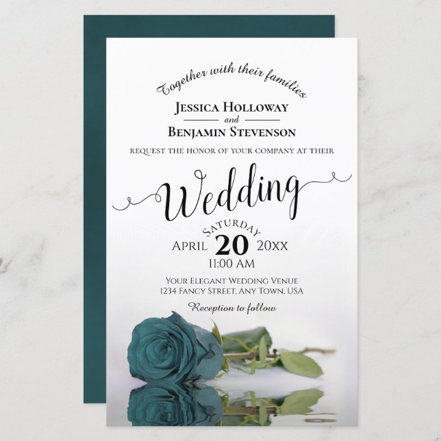 Elegant Teal Rose BUDGET Wedding Invitation (Front/Back)