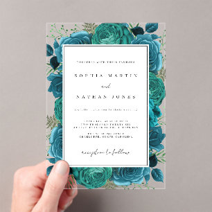 Elegant Teal Rose Clear Wedding Acrylic Invitations