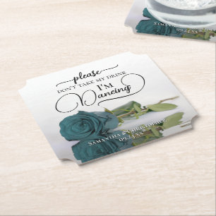 Elegant Teal Rose Don't Take My Drink Wedding Paper Coaster