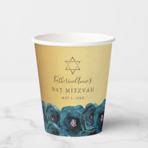 Elegant Teal Rose Floral Gold Bat Mitzvah Paper Cups