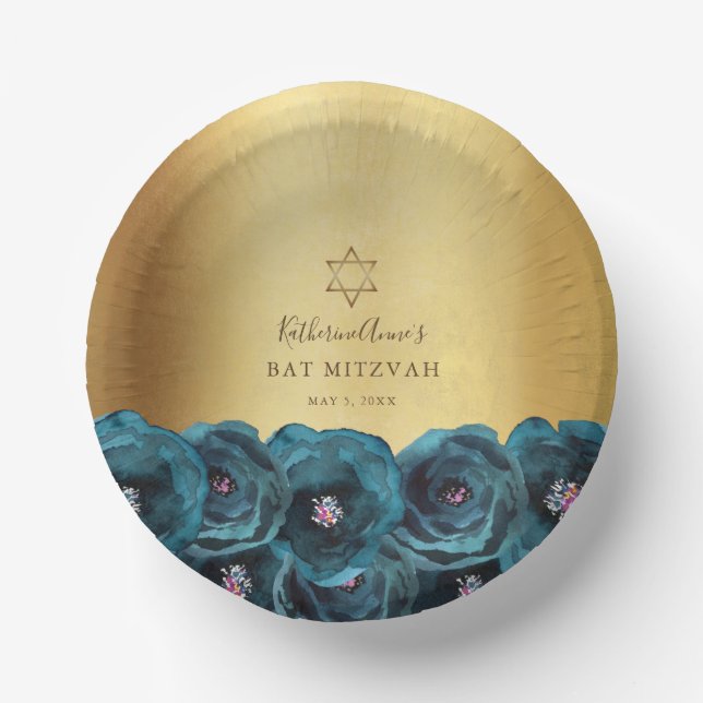 Elegant Teal Rose Floral Gold Bat Mitzvah Paper Plate (Front)