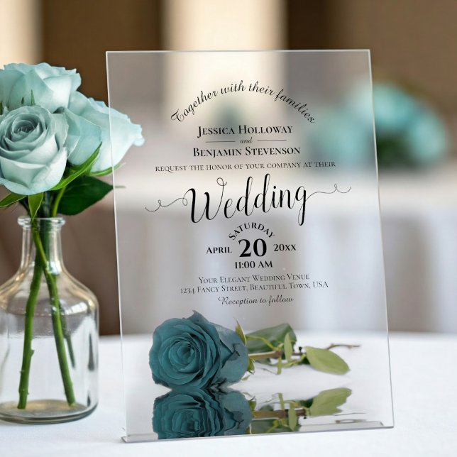 Elegant Teal Rose Lacy Calligraphy Wedding Acrylic Invitations (Frosted with Rectangle Cut)