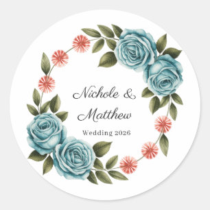 Elegant Teal Rose & Orange Daisey Wedding Classic Round Sticker