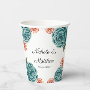 Elegant Teal Rose & Orange Daisey Wedding Paper Cups