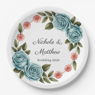 Elegant Teal Rose & Orange Daisey Wedding Paper Plate