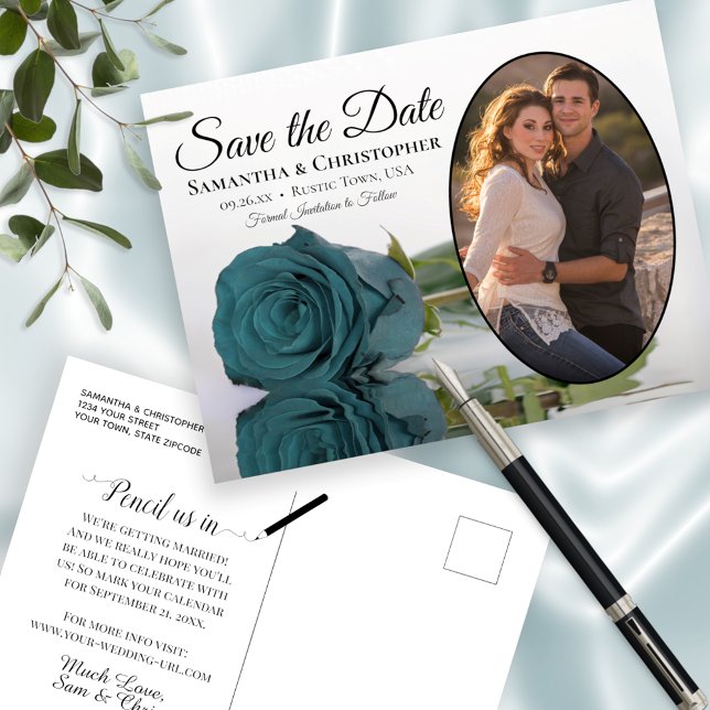 Elegant Teal Rose Oval Photo Wedding Save The Date Announcement Postcard (Creator Uploaded)