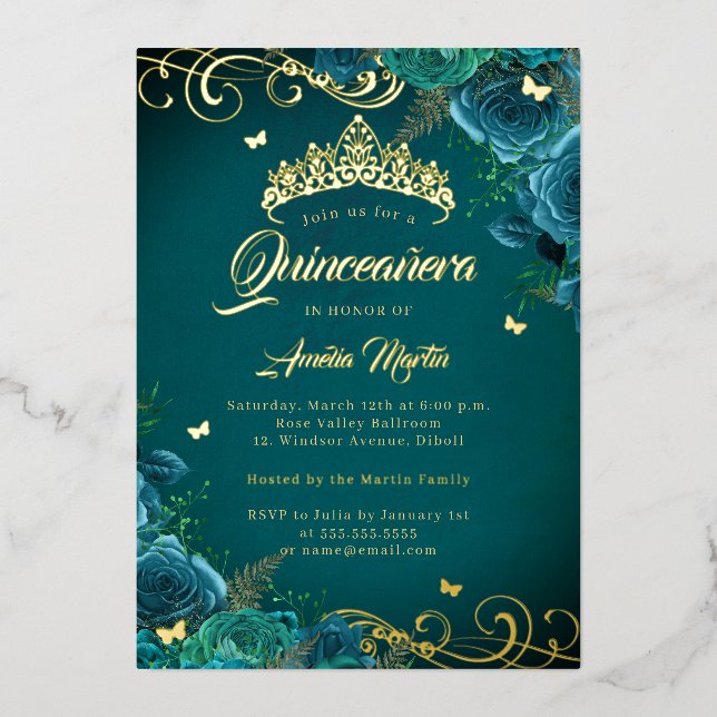 Elegant Teal Rose Swirl Gold Quinceanera   (Front)