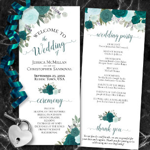 Elegant Teal Roses Boho Watercolor Floral Wedding Programme