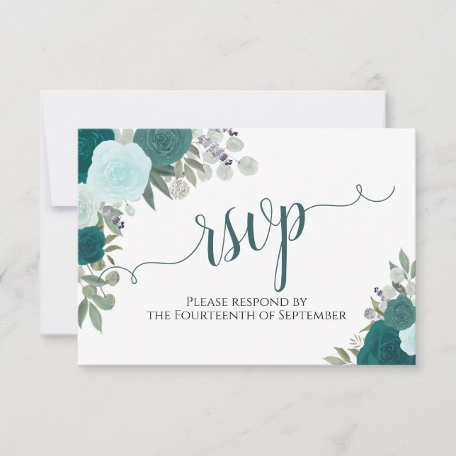 Elegant Teal Roses Floral Calligraphy Wedding RSVP Card (Front)