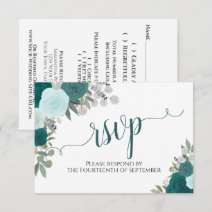 Elegant Teal Roses Floral Calligraphy Wedding RSVP Card