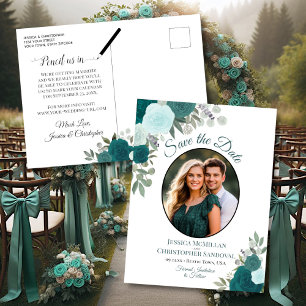 Elegant Teal Roses & Photo Wedding Save the Date Announcement Postcard
