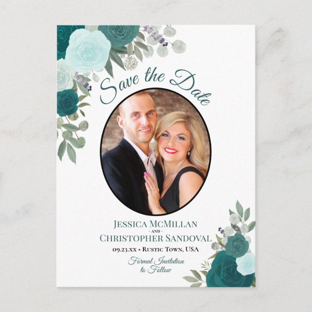 Elegant Teal Roses & Photo Wedding Save the Date Announcement Postcard (Front)
