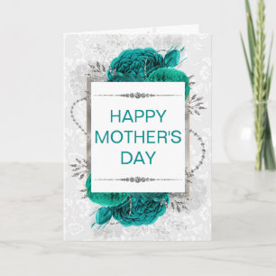 Elegant Teal Roses & Silver Glitter Mother's Day Card