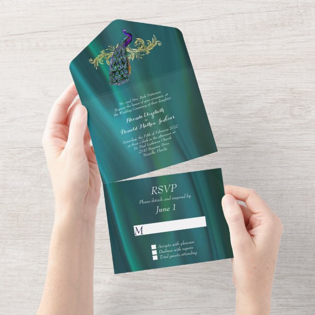 Elegant Teal Satin and Peacock All In One Invitation (Tearaway)